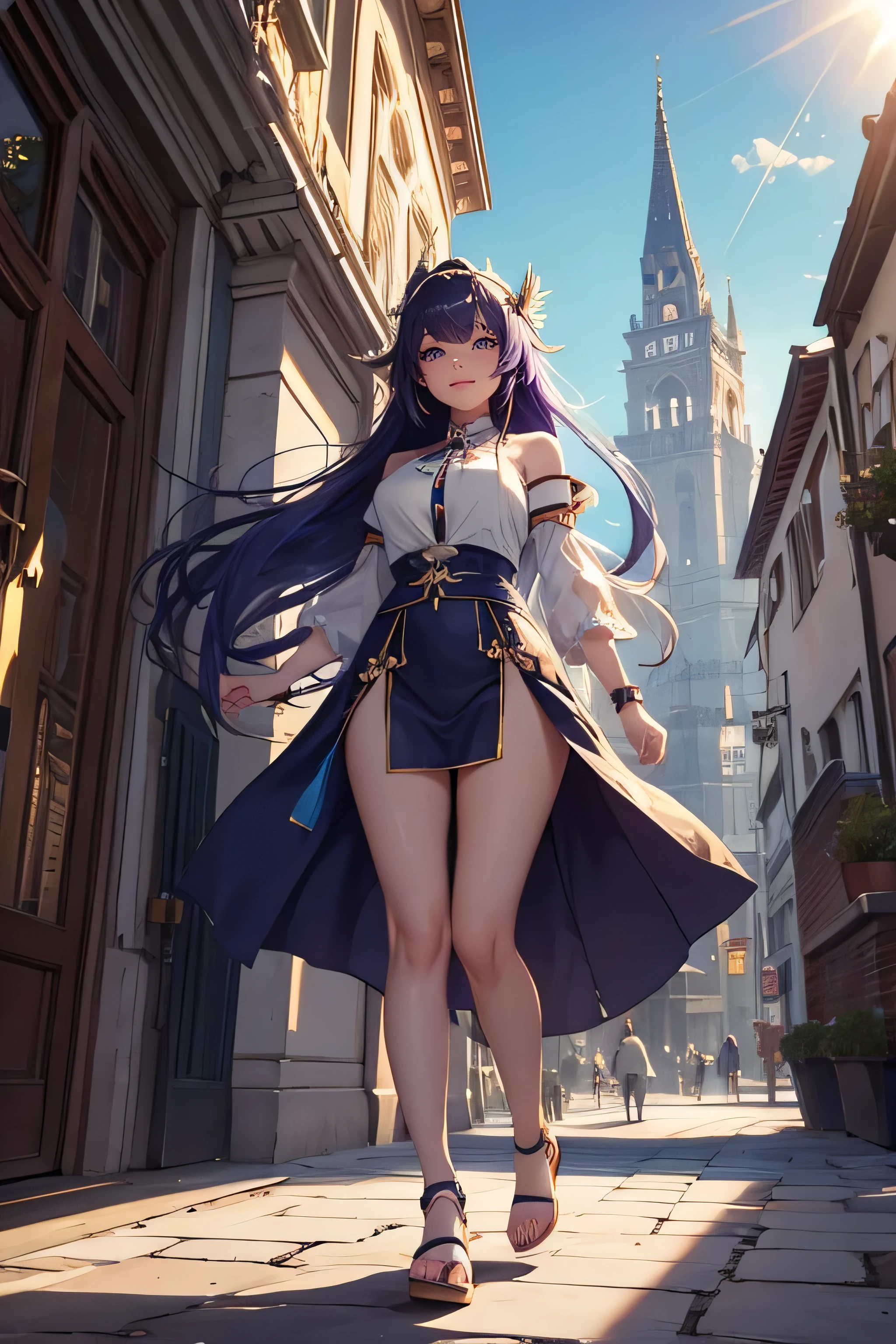 {{masterpiece, best quality, extremely detailed CG, unity 8k wallpaper, cinematic lighting}}, 1girl, full body, ancient architecture, blue sky, sunny day, glass architecture, prominent protagonist, smile, big eyes, beautiful detailed eyes, looking at the audience, long eyelashes, sun rays, sun lens, milky skin, shinny skin, dark purple hair, long hair, floating hair, neon hair