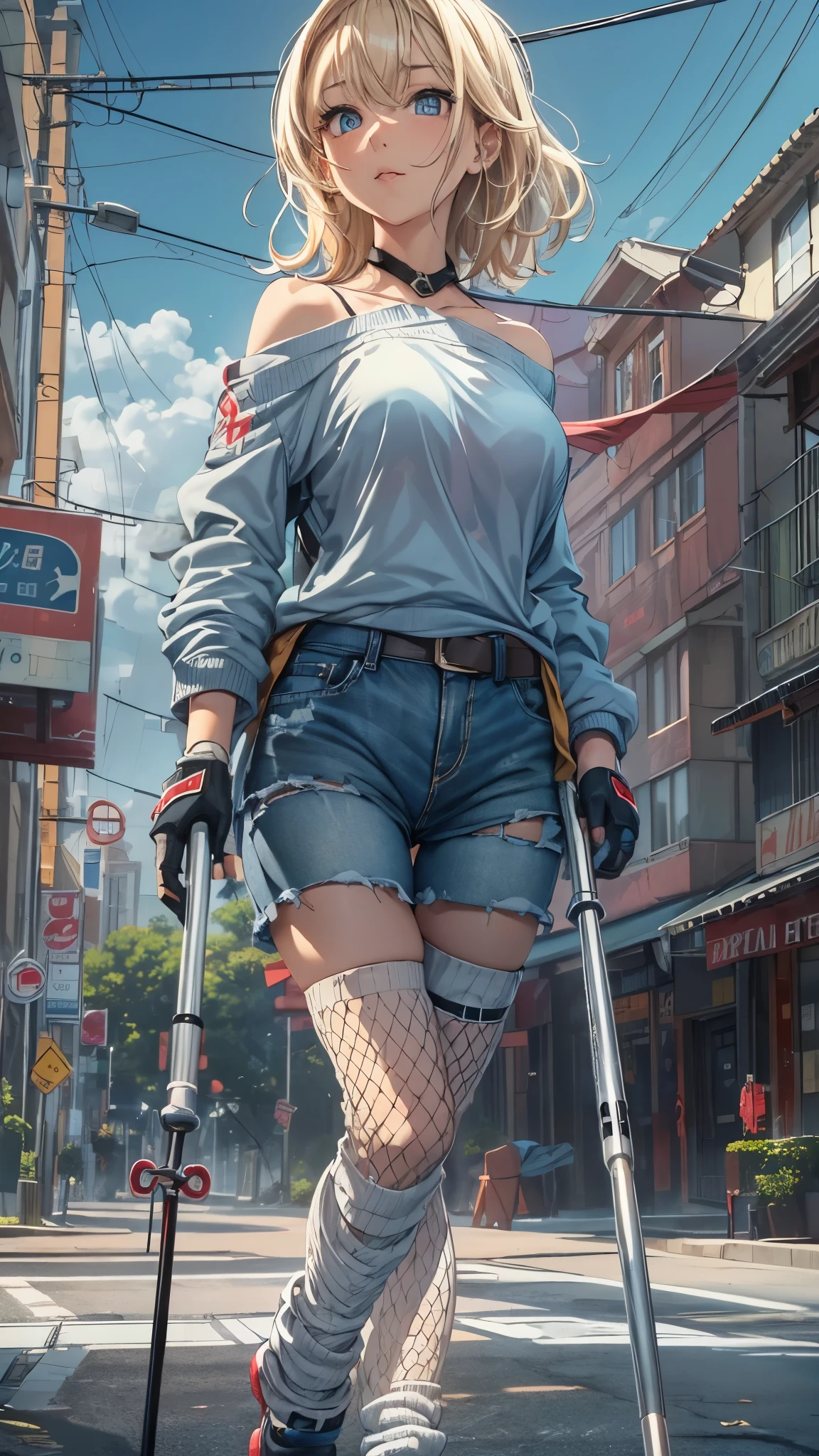 (Super detailed, realistic), streets scene, [Moderately:Oil], [Professional:1.1], [Physically based rendering], [bright colors], [sharp focus], [studio lighting], [extreme details], [highest quality,4k,8K,High resolution,masterpiece:1.2],(detailed face),outside the streets,((One 18-year-old woman)),(short blonde hair mixed  blue color),(dark), [nervous eyes],(casual ladies fashion,off shoulder,denim shorts,fishnet pantyhose,socks,snikers),(gloves,knee pads),((she walks on crutches,the crutches’s length are from armpit))
