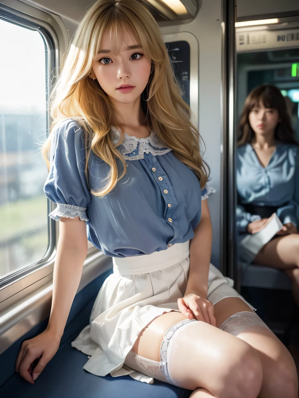 8K、Photo image masterpiece、highest quality、Super-resolution、Angle low-angle image from the feet、Voyeur、Beautiful woman with golden curly hair、((Blonde beauty))、With bangs、Impossibly cute face、And slim、Small breasts、High resolution、masterpiece、Exquisite Function 、Delicate eyes、Delicate blonde hair、8K quality、Pale light and shadow、Dindal effect、Blond hair blown by the wind、With bangs、Random Hairstyles、((A photo from the delicate feet)、(Detailed RAW Photos of Girls)、(Tabletop:1.25)、 (Highest quality:1.6)、(超High resolution:1.5)、(Real:1.75)、8K resolution、Image from the foot、 (RAW Photos:1.2), (Realistic:1.4), Beautiful detailed woman, Very narrow waist、Very detailed eyes and face, Beautiful fine details, Ridiculous、Large file size、Very detailed、High resolution、highest quality、masterpiece、((A light navy blue summer blouse and a white skirt))、Very detailed、CG、Unified、8k wallpaper、wonderful、The finer detailasterpiece、highest quality、 Light on the face、Cinema Lighting、One 23 year old woman、((Inside a crowded train、Woman sitting in the front seat of a train、There are men sitting on either side、The man on the right touches her thigh.、The man on the left is touching her breasts.、thighs are closed、Legs do not open、Wearing high heels、sunglasses、White Stockings、garter belt、Direct light from below、The inside of the skirt is also clearly visible.、Liked images、Voyeur: T-back panties of random colors and shapes peeking out from under a skirt、See-through thong panties、))