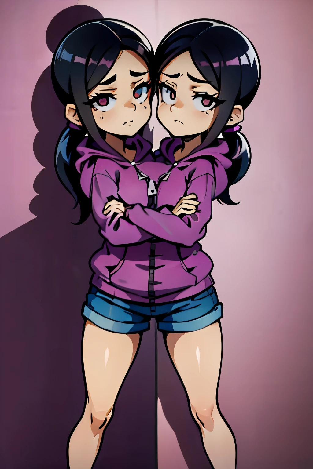 conjoined, 2heads, girl with two heads instead of one, 2head, cuerpo curvilineo, brazos curvilineos, usando shorts, ropa abrigada, piernas curvilineas, anime cartoon, using a purple hoodie, each head has a ponytail, anatomia proporcionada ideal para una persona de dos cabezas