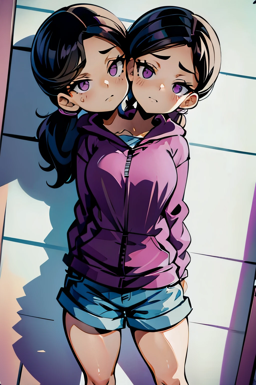 conjoined, 2heads, girl with two heads instead of one, 2head, cuerpo curvilineo, brazos curvilineos, usando shorts, ropa abrigada, piernas curvilineas, anime cartoon, using a purple hoodie, each head has a ponytail, anatomia proporcionada ideal para una persona de dos cabezas