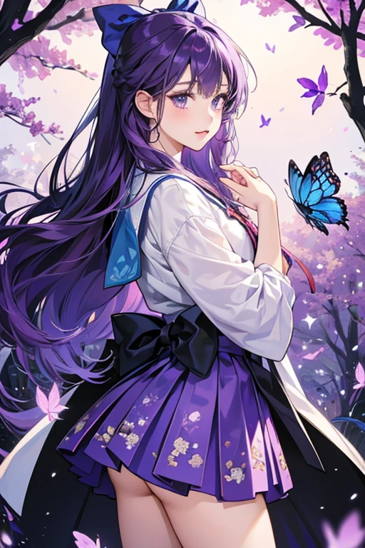 girl who has long violet hair with a dark blue butterfly bow at the back of her head. She wears a purple autumn Japanese-style girl uniform with a patterned mini skirt. SPARKLE; GLITTER