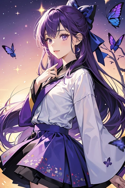 girl who has long violet hair with a dark blue butterfly bow at the back of her head. She wears a purple autumn Japanese-style girl uniform with a patterned mini skirt. SPARKLE; GLITTER
