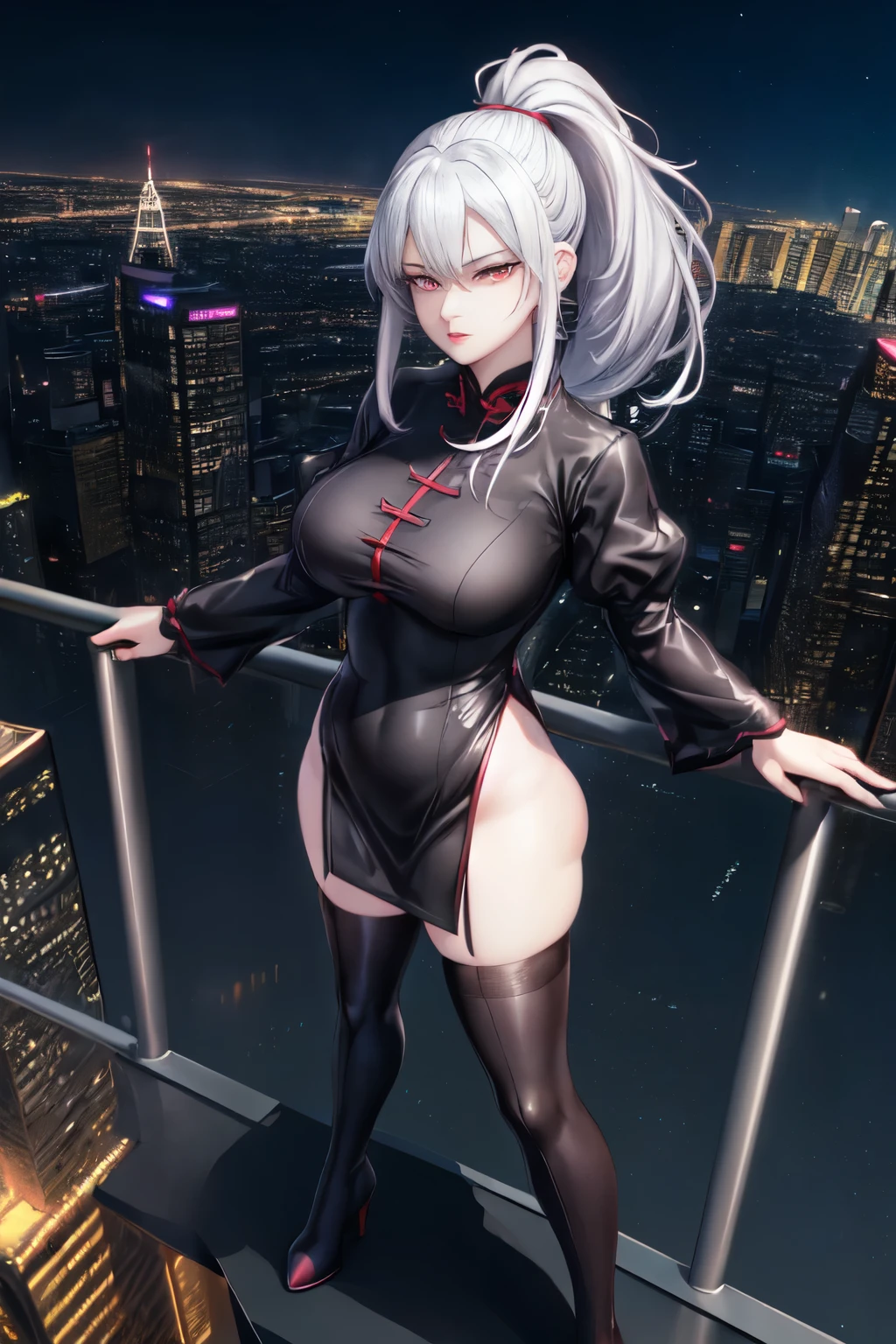 anime, (artwork, best quality, ultra-detailed, high contrast), 1 woman (Alone, full body, plus size body, standing on the edge of the skyscraper, silver hair, LONG In a ponytail, red eyes (detailed eyes), passionate expression, red lips (perfect lips), ruby sparkles, (simple black qipao), high heel boots black cybernetics with neon pink), transparent black socks), (skyscraper roof, overlooking a city, detailed background ((night time, Darkness, low light pollution))) face in close