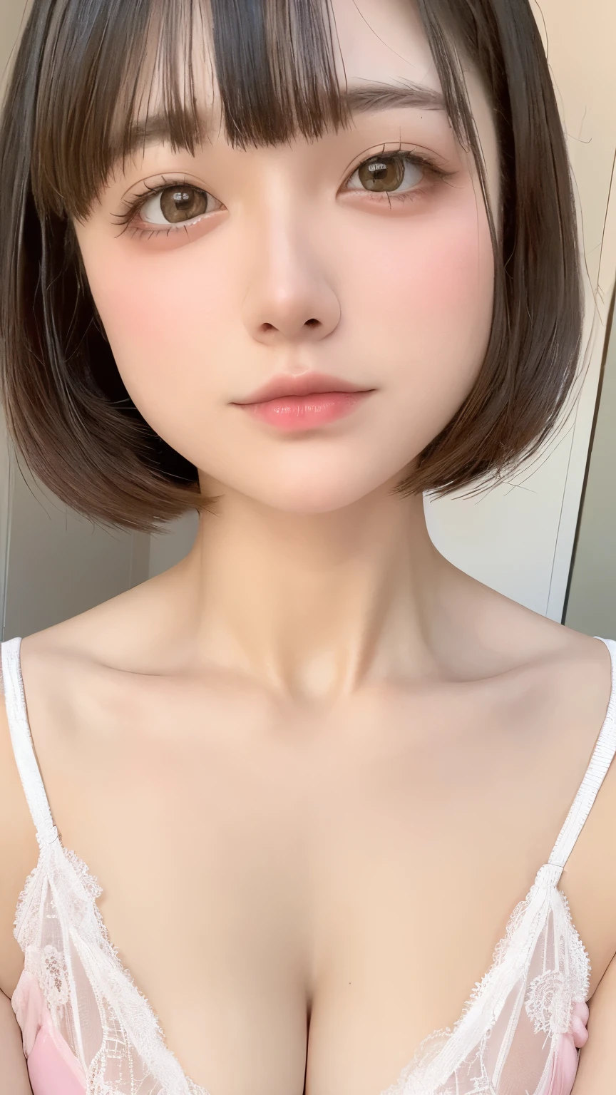 see through,Beautiful and fair、Radiant Skin, 3 Up, Gorgeous, bright, Refreshing and gentle expression, Perfect beautiful face、Beautiful shiny bangs, A very beautiful 17 year old girl, Eyeliner, Very perfect eyes,Very large breasts,Grooves reveal original skin,Muscular body,Khaki Lace Yoga Wear,Pink short hair