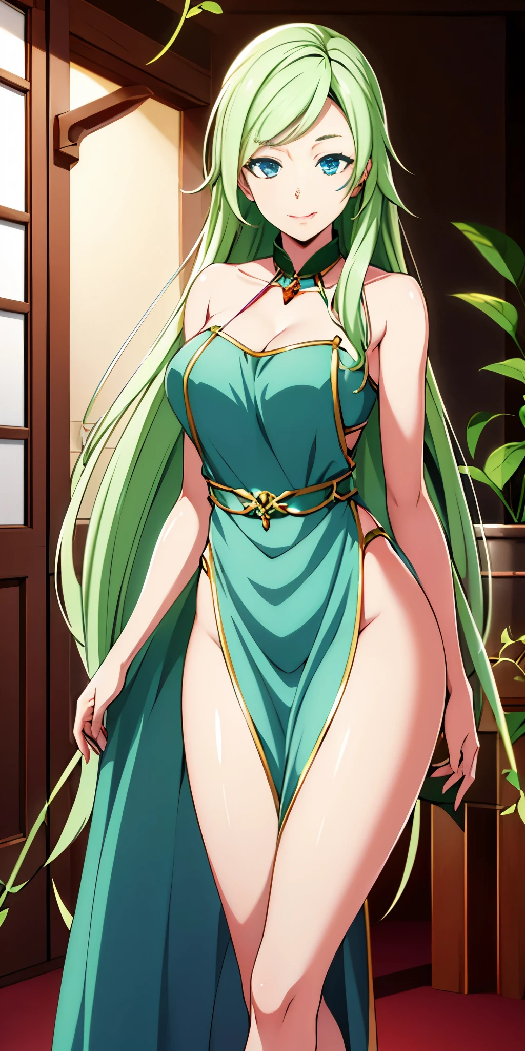 red carpet and a door,bamboo, plant, potted plant,
green and white dress,,green collar,
jewelry, gem,
green hair ,blue eyes,bangs,very long hair, facial mark,glowing,sparkle,
1 girl, 20yo,Young female,Beautiful Finger,Beautiful long legs,Beautiful body,
Beautiful Nose,Beautiful character design, perfect eyes, perfect face,expressive eyes,perfect balance,
looking at viewer,(Focus on her face),closed mouth, (innocent_big_eyes:1.0),(Light_Smile:0.3),
official art,extremely detailed CG unity 8k wallpaper, perfect lighting,Colorful, Bright_Front_face_Lighting,White skin,
(masterpiece:1.0),(best_quality:1.0), ultra high res,4K,ultra-detailed,
photography, 8K, HDR, highres, absurdres:1.2, Kodak portra 400, film grain, blurry background, bokeh:1.2, lens flare, (vibrant_color:1.2),professional photograph,
(Beautiful,large_Breasts:1.0), (beautiful_face:1.5),(narrow_waist),