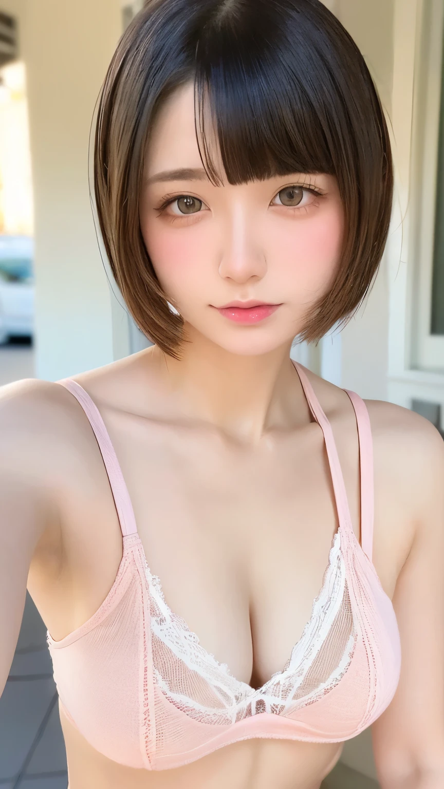 see through,Beautiful and fair、Radiant Skin, 3 Up, Gorgeous, bright, Refreshing and gentle expression, Perfect beautiful face、Beautiful shiny bangs, A very beautiful 17 year old girl, Eyeliner, Very perfect eyes,Very large breasts,Grooves reveal original skin,Muscular body,Khaki Lace Yoga Wear,Pink short hair
