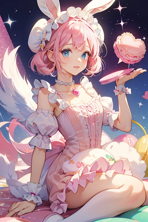 Her eyes are solid pink and she has hot pink lips. Her pastel pink hair is very short, with a segment on the right longer and cut at an angle and stylized bangs. She wears vines on her hair with a watermelon wedge at the center, along with a white dress with a hot pink collar, ribbon, and green accent to match her tights. Her shoes are hot pink. SPARKLE; GLITTER
