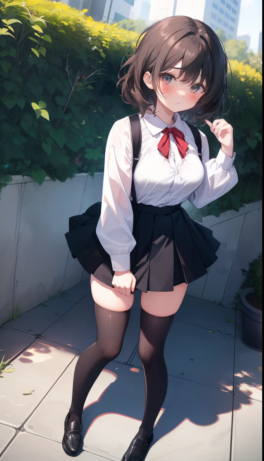 One Girl、Positive、From above、Full body portrait、Brown haired、Medium Haircut、blush、Absolute area、Knee socks、stockings、Black knee-high socks、White underwear、Cleavage、Light blue cut shirt、Unbutton your shirt、Shirt buttons fly off、Navy blue checkered pleated skirt、Very short skirt、garden、Daytime、(Very big boobs)、((Full Body Lesbian))、masterpiece、(highest quality)、Panties around the ankles、loafers、The wind blows up my skirt、vibrator in thighhighs、A man in a suit peeking up a skirt