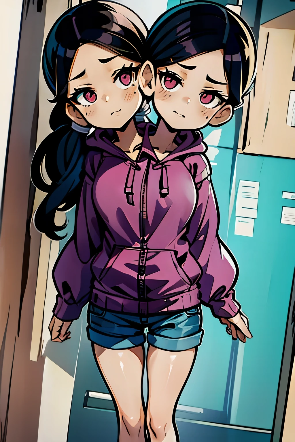 conjoined, 2heads, girl with two heads instead of one, 2head, cuerpo curvilineo, brazos curvilineos, usando shorts, ropa abrigada, piernas curvilineas, anime cartoon, using a purple hoodie, each head has a ponytail, anatomia proporcionada ideal para una persona de dos cabezas
