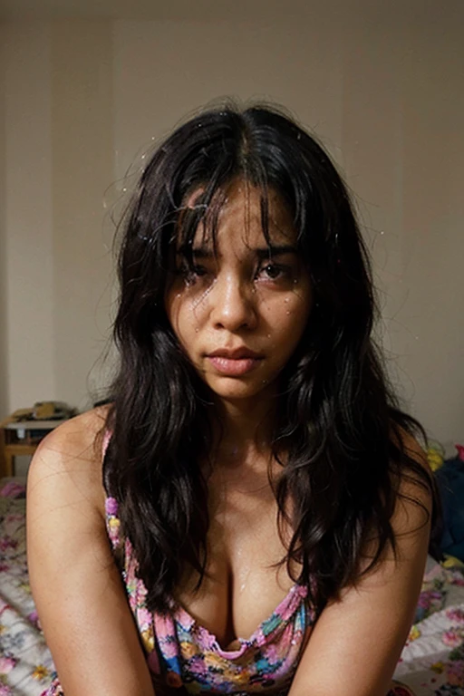 beautiful black woman 30 years old, long black hair, square defined face, big lips, background in home bedroom, with floral flowy light pink long dress, sitting on the bed, realistic, very angry facial crying a lot of tears, excretion.