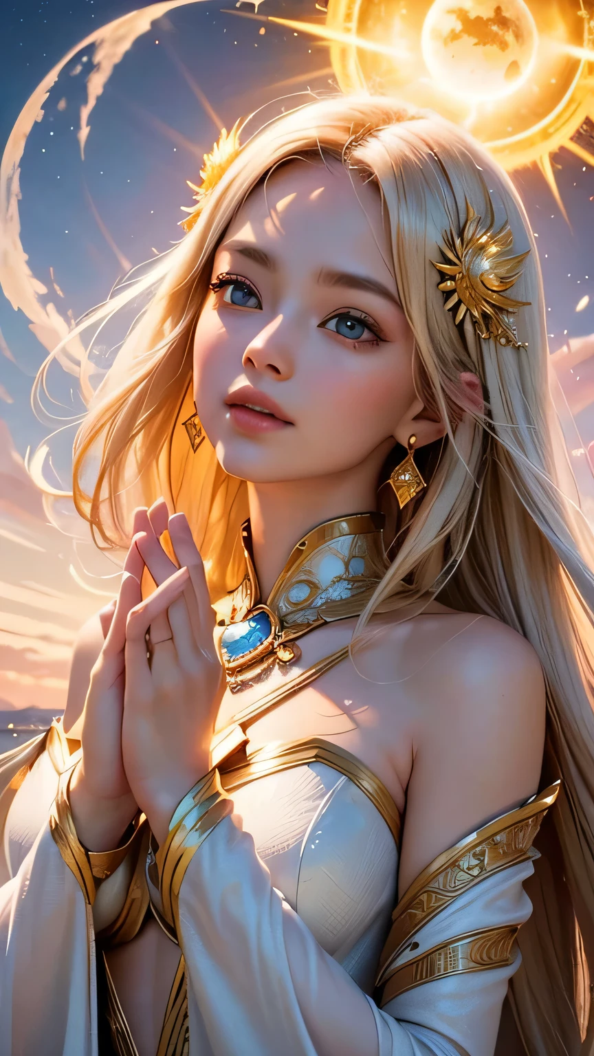 "Maiden of the Sun": Within a sacred sanctuary bathed in sunlight, depict the figure of a sun goddess, facing forward and emanating divine radiance. Zoom in to focus on her face, with light orbs gleaming in her hands, representing the life-giving power of the sun. Her hair is shimmering gold. The background should be predominantly pink, evoking a sense of divine splendor, with the addition of a blue sky to further enhance the feeling of openness and brightness. The setting is in heaven, enveloped in soft, bright light, where one can find tranquility and peace of mind, free from any trace of anxiety. Additionally, the light emanating from her hands should take the form of radiant hearts, resting gently on the palm of her hands.