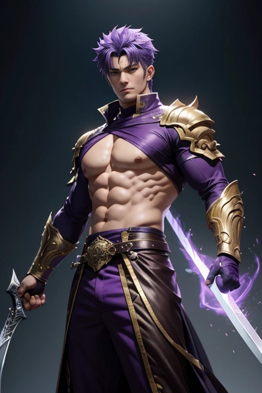 8K、Alafed Men、White and purple exterior,Golden decoration、Big sword armament、Super handsome、Purple and white mohawk cutting、Eyes glowing purple、unrealengine、Joseph Joestar、trending on artstationh、Diobrand、highly detailed exquisite fanart、3 d render character art 8 k、Highly detailed artgerm、Muscular male hero with a slender body、handsome guy in demon slayer art、Range Murata and Artgerm