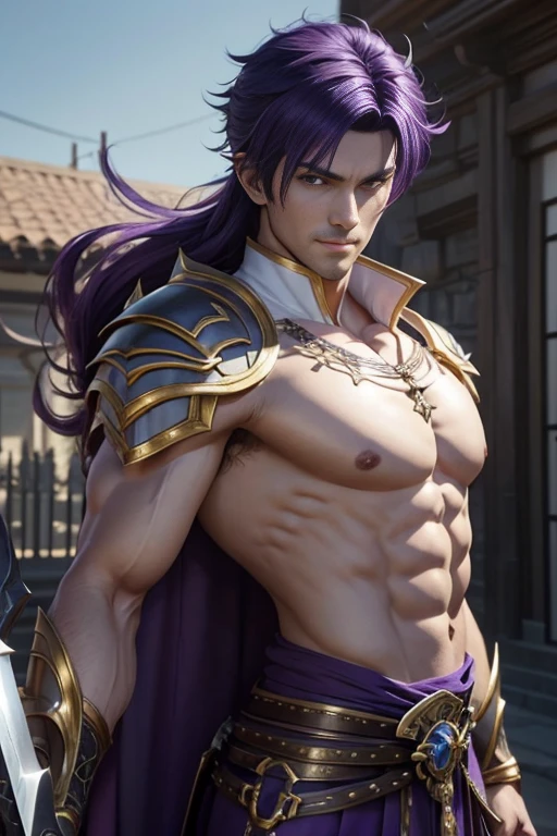 8K、Alafed Men、White and purple exterior,Golden decoration、Big sword armament、Super handsome、Purple and white mohawk cutting、Eyes glowing purple、unrealengine、Joseph Joestar、trending on artstationh、Diobrand、highly detailed exquisite fanart、3 d render character art 8 k、Highly detailed artgerm、Muscular male hero with a slender body、handsome guy in demon slayer art、Range Murata and Artgerm