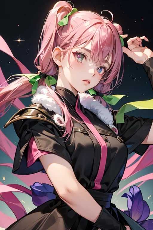 Machiko has dark pink hair in a bobbed haircut and pigtails tied by green ribbons. She has black eyes, with the pupils indistinguishable from the irises. SPARKLE; GLITTER