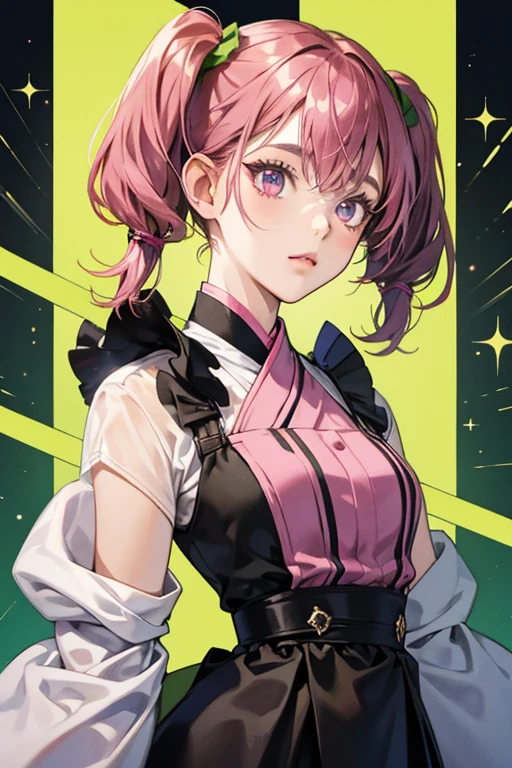 Machiko has dark pink hair in a bobbed haircut and pigtails tied by green ribbons. She has black eyes, with the pupils indistinguishable from the irises. SPARKLE; GLITTER
