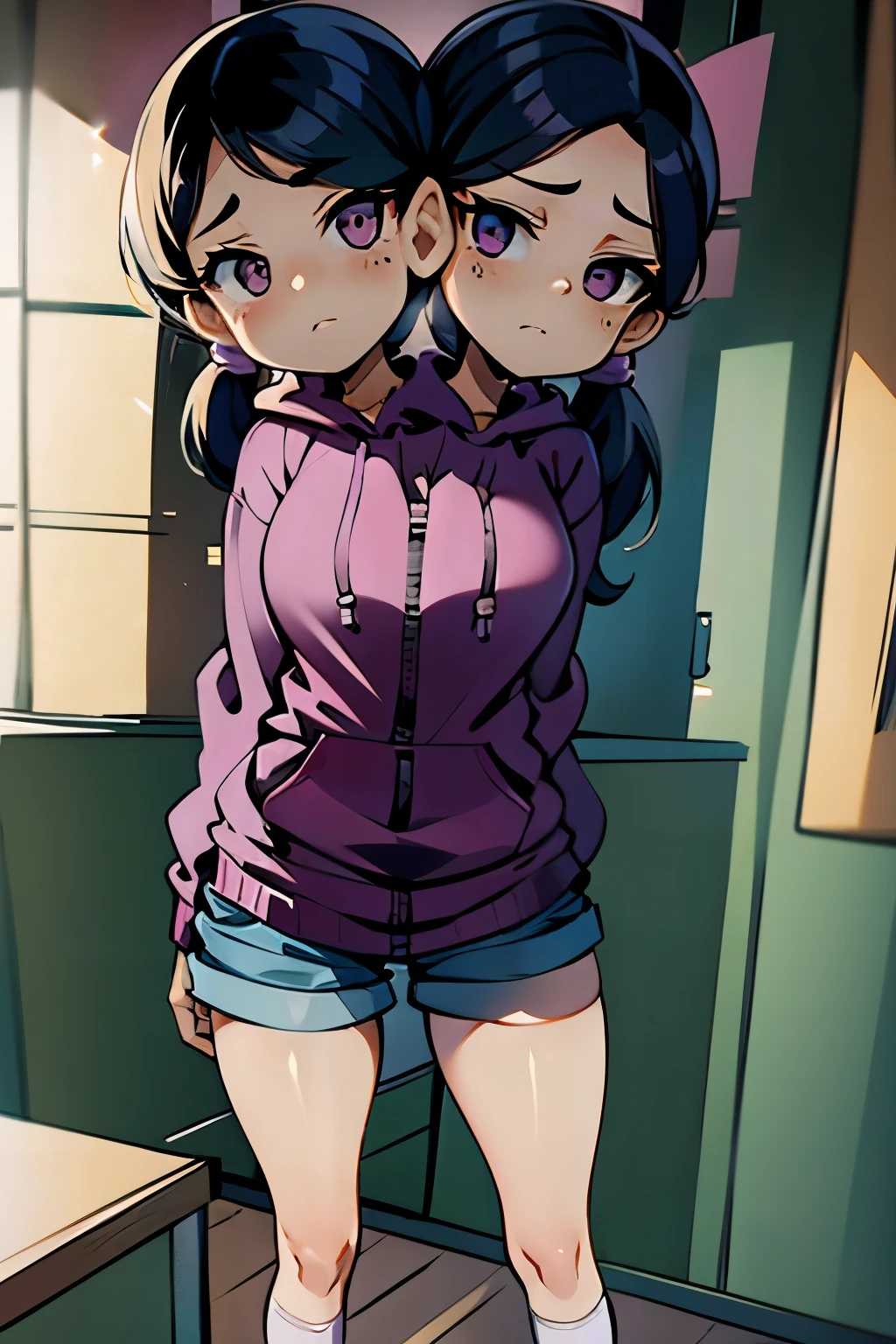 conjoined, 2heads, girl with two heads instead of one, 2head, cuerpo curvilineo, brazos curvilineos, usando shorts, ropa abrigada, piernas curvilineas, anime cartoon, using a purple hoodie, each head has a ponytail, anatomia proporcionada ideal para una persona de dos cabezas
