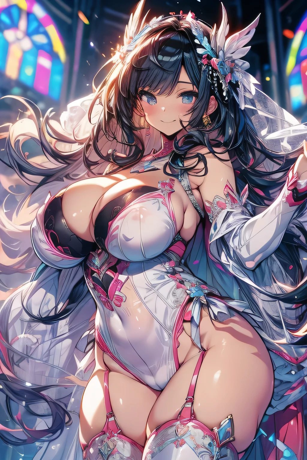 Erotic Anime Illustration、Anime Style、highest quality、Voluptuous bride shows off her vagina、Perfect proportions、smile、Chapel、Stained glass、Wedding dress、Sex Appeal、Very large breasts、Fatty legs、Exposing erect nipples、Big Ass