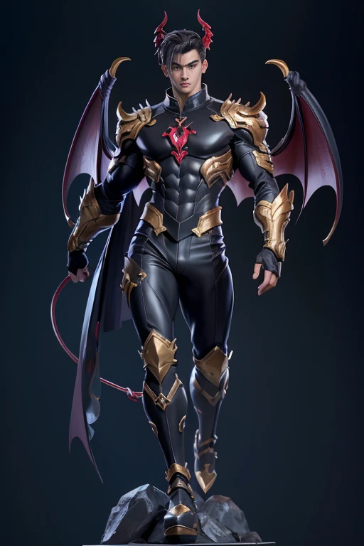 Sculpture design，Figures，GK model，The whole body of the character，Handsome demon，satan，sexy for，Stroke the chest，Wings，Handsome，Expose muscles，base，Wu Yifan，Handsome cybernetic boy looking at camera lingerie detailed muscular reality masterpiece，musculous