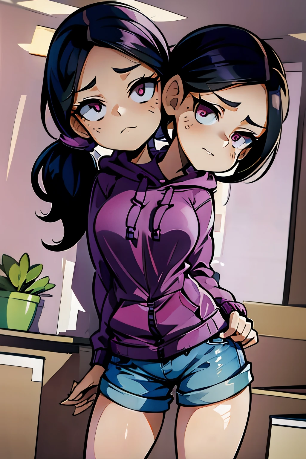 conjoined, 2heads, girl with two heads instead of one, 2head, cuerpo curvilineo, brazos curvilineos, usando shorts, ropa abrigada, piernas curvilineas, anime cartoon, using a purple hoodie, each head has a ponytail, anatomia proporcionada ideal para una persona de dos cabezas
