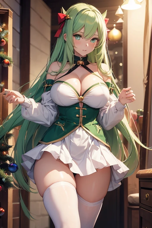(Girl), (anime), (young), (pretty), (hot), (white), (height 1.72 cm), (long green hair and green eyes), (21 years old), (super body mature),(with gigantic breasts with a bust size of 350cm),(big ass),(wearing),+(A sexual Christmas dress showing the shoulders and falling showing the piggy bank in the middle of the breasts, a super short sensual skirt rising to the thighs)