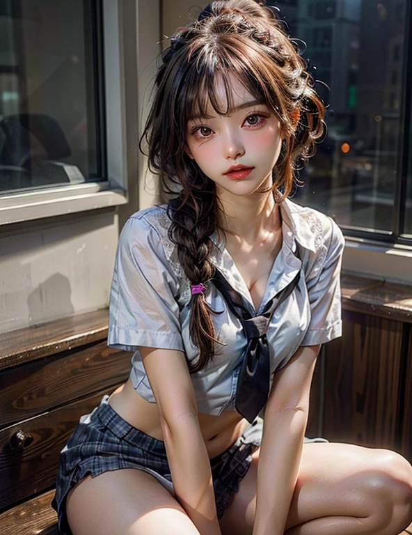 1 beautiful young girl, Pretty Face, (slim body:1.2), Practical, Extremely detailed CG unified 8k wallpaper, Very detailed, High-resolution original color photos, Professional photography, Practical portrait, light, Beautiful and detailed, (Beautiful breasts), (cleavage:1.2), (School uniform with wide open chest:1.5), (mini skirt:1.3), (Very small white lace panties:1.5), (Squat:1.1), Camel hoof detail, indoors, School, (best quality:1.4), Super Detail, high quality,short hair,蓬勃後short hair,braid,細braid,ponytail