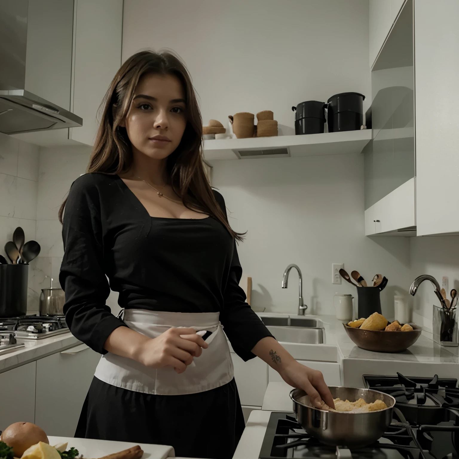 La chica se encuentra en una cocina muy elegante, la cocina de blanca con cosas en negro creando contraste, parece que ella va a cocinar un postre
