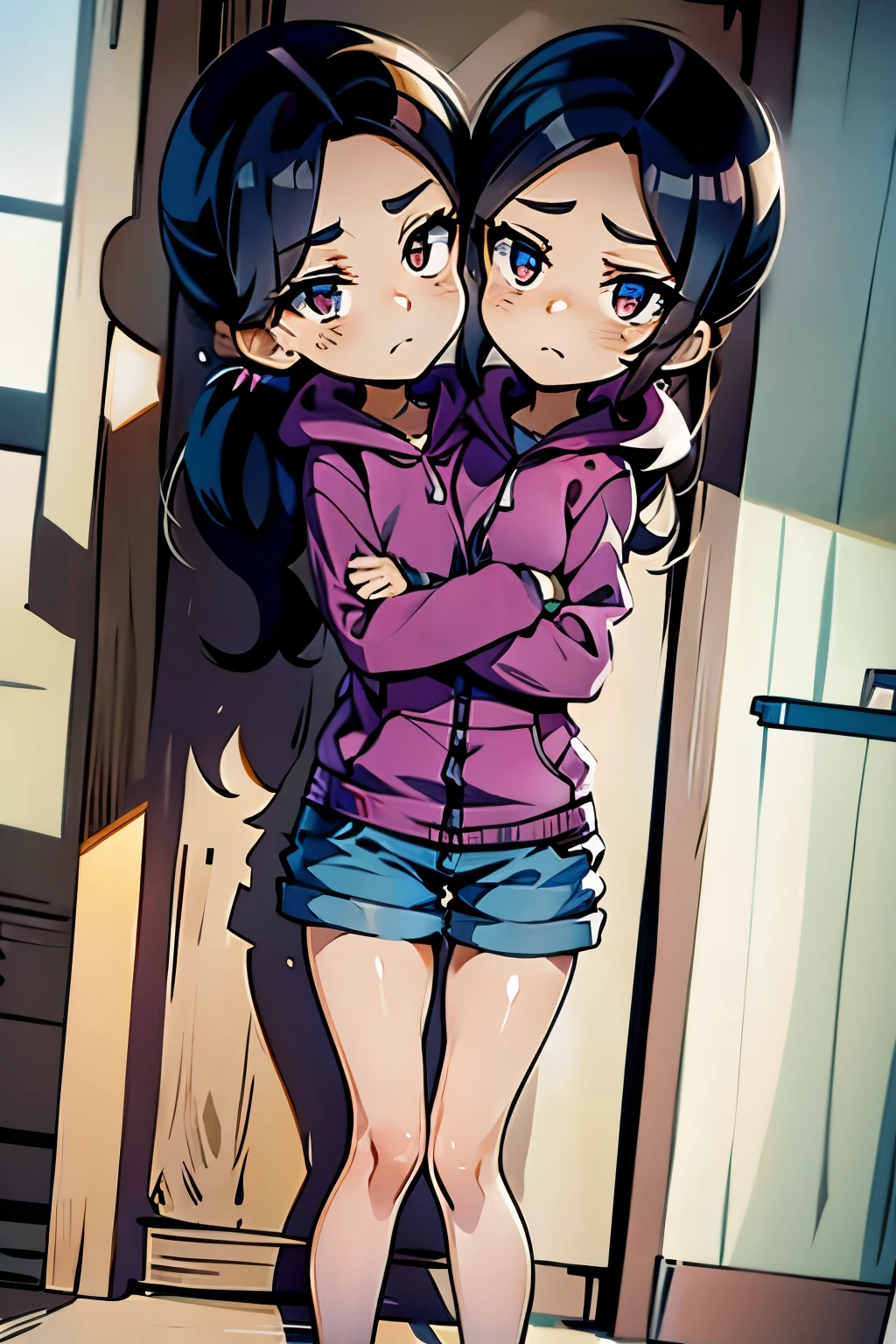 conjoined, 2heads, girl with two heads instead of one, 2head, cuerpo curvilineo, brazos curvilineos, usando shorts, ropa abrigada, piernas curvilineas, anime cartoon, using a purple hoodie, each head has a ponytail, anatomia proporcionada ideal para una persona de dos cabezas
