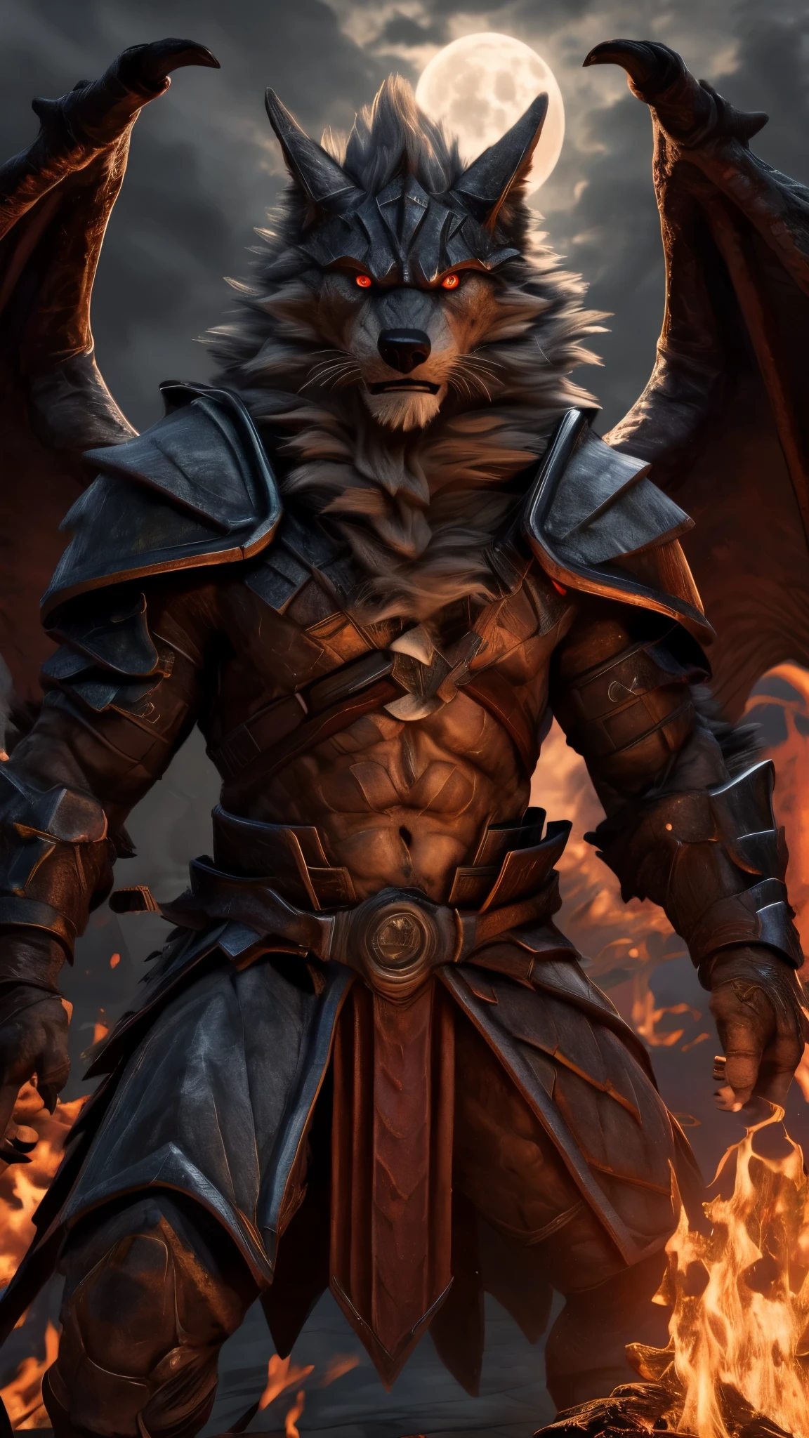 lord ranok, highly detailed armor, fiery background, open black wings, serious warrior expression Staring into the viewer's soul Showing your red eyes Bright like fire, 8k, ultra-detailed, photorealistic, dramatic lighting, fantasy art, digital painting, full moon in the background,