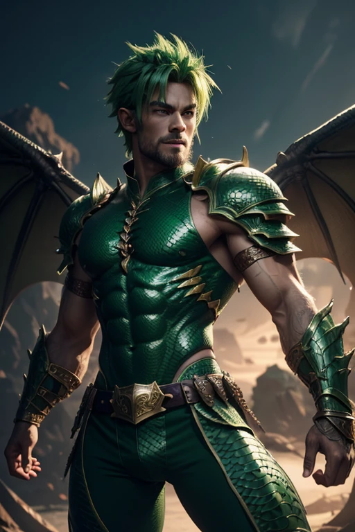 8K,A dragon man with a dragon body,super handsome,muscular scaly skin,super realistic skin,Snake-like eyes,green punk hair,gorgeous green armor,gorgeous green shoulder armor,gorgeous green pants,gorgeous green gauntlet,have a trident,gorgeous green waist armor,gorgeous green leg armor,Dragon wings are growing,dragon horn,ultra high resolution,Large fangs grow from the mouth,rich colors, Backlight, cinematic lighting, film grain,RAW, 50mm lens,nikon D850,