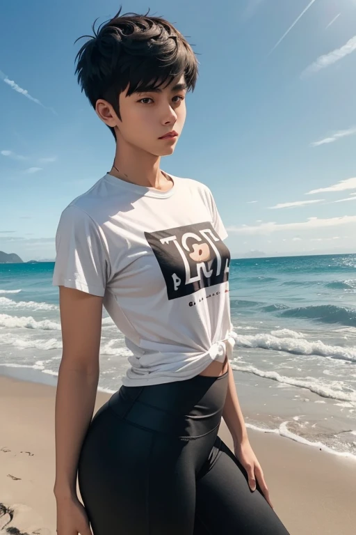A young man having long legs, thick thighs, large wide hips, thin and narrow weist, big large feminine breasts, wearing leggings and tshirt , on beach , very small spikey boyish haircut, man man