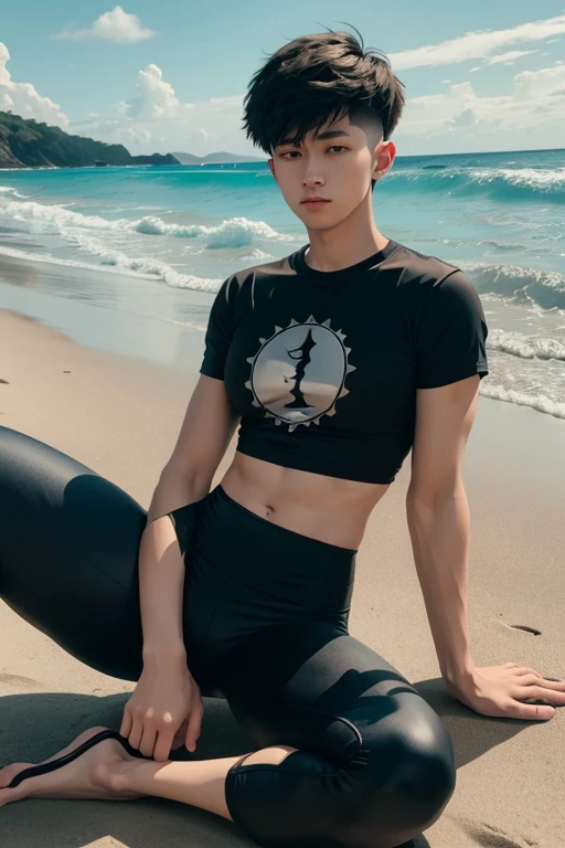 A young man having long legs, thick thighs, large wide hips, thin and narrow weist, big large feminine breasts, wearing leggings and tshirt , on beach , very small ?????? boyish haircut, man man