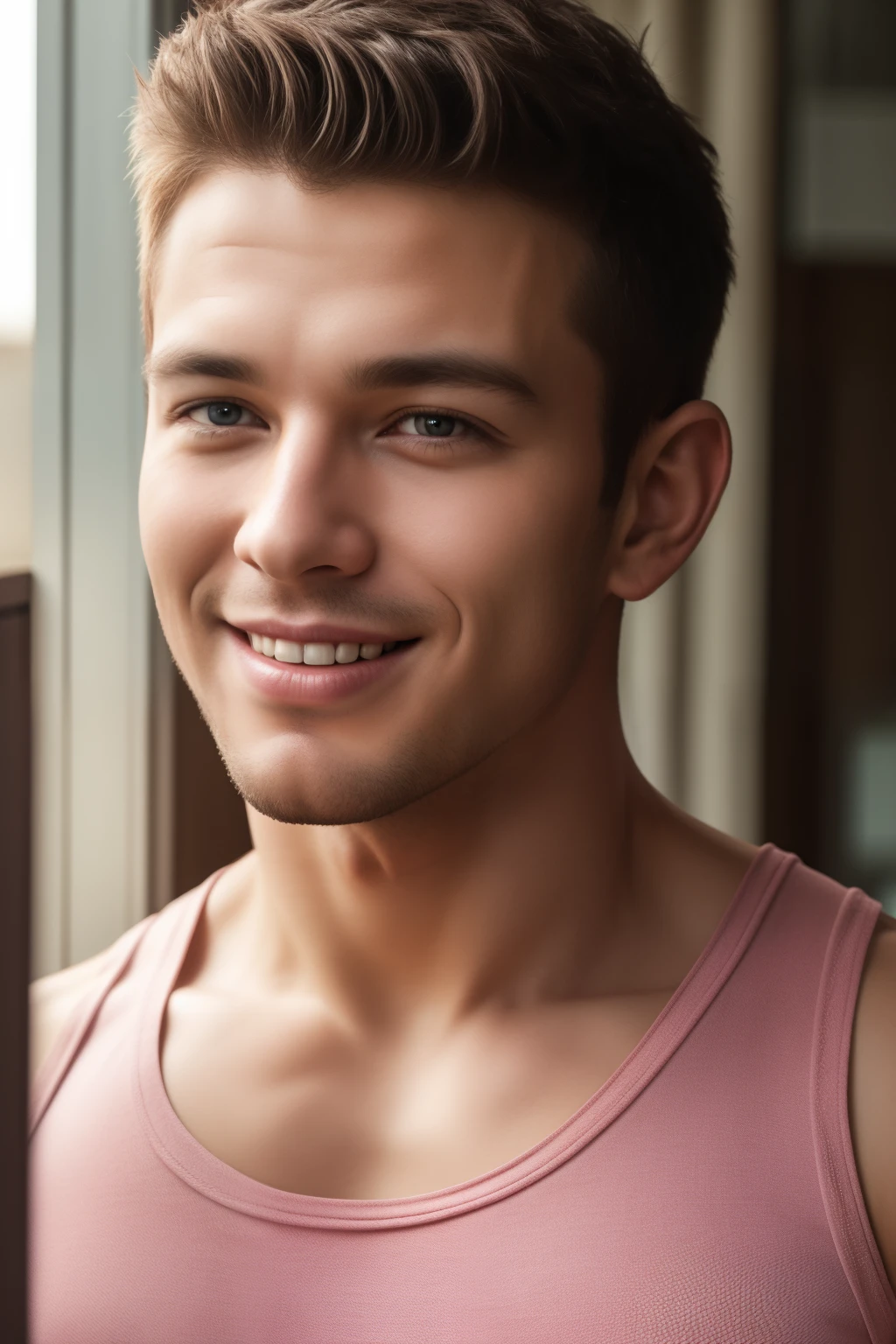 ((Men only)), (head shot), (Tanned handsome muscular man in his 20s in pink tanktop), (pink short hair), (Chris Redfield), Mischievous smile, (detaile: 1 in 1), Natural muscles, HIG quality, beautidful eyes, (Detailed face and eyes), (Face、: 1 / 2), Noise, Real Photographics、... ............................................................................PSD, Sharp Focus, High resolution 8K, realisitic & Professional Photography, 8K UHD, Soft lighting, High quality, Film grain, FujifilmXT3