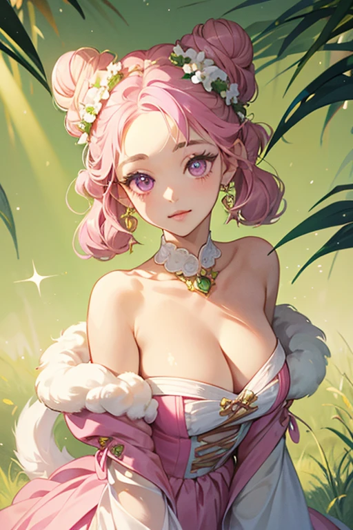 Melorina is a poodle dog whose fur is light cream with a bun pattern on her forehead. Her ears and tail are made out of light lime melonpan, and she has light magenta eyes. She wears green melon earrings and a garland of melonpan around her neck. SPARKLE; GLITTER