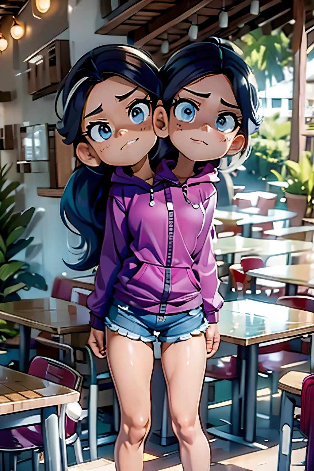 conjoined, 2heads, girl with two heads instead of one, 2head, cuerpo curvilineo, brazos curvilineos, usando shorts, ropa abrigada, piernas curvilineas, anime cartoon, using a purple hoodie, each head has a ponytail, anatomia proporcionada ideal para una persona de dos cabezas