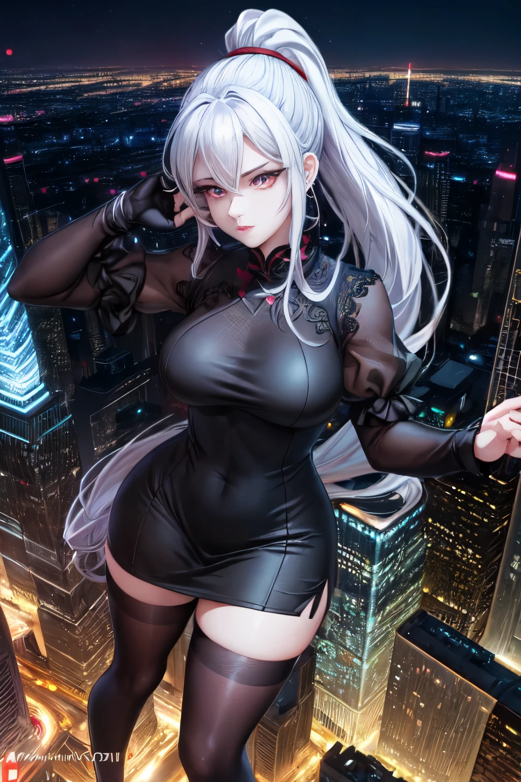 anime, (artwork, best quality, ultra-detailed, high contrast), 1 woman (Alone, full body, plus size body, standing on the edge of the skyscraper, silver hair, LONG In a ponytail, red eyes (detailed eyes), passionate expression, red lips (perfect lips), ruby sparkles, (simple black qipao), high heel boots black cybernetics with neon pink), transparent black socks), (skyscraper roof, overlooking a city, detailed background ((night time, Darkness, low light pollution))) face in close