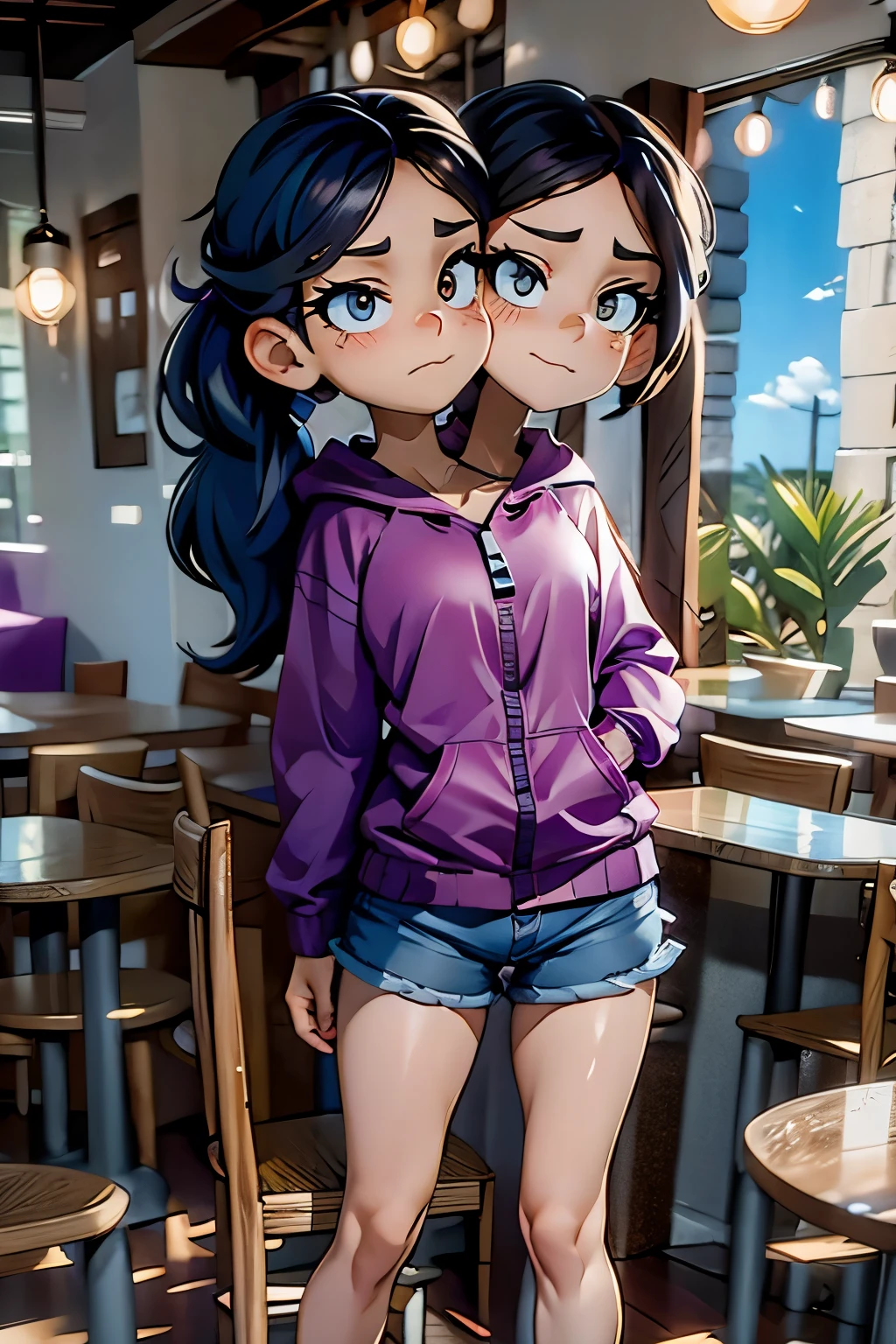 conjoined, 2heads, girl with two heads instead of one, 2head, cuerpo curvilineo, brazos curvilineos, usando shorts, ropa abrigada, piernas curvilineas, anime cartoon, using a purple hoodie, each head has a ponytail, anatomia proporcionada ideal para una persona de dos cabezas
