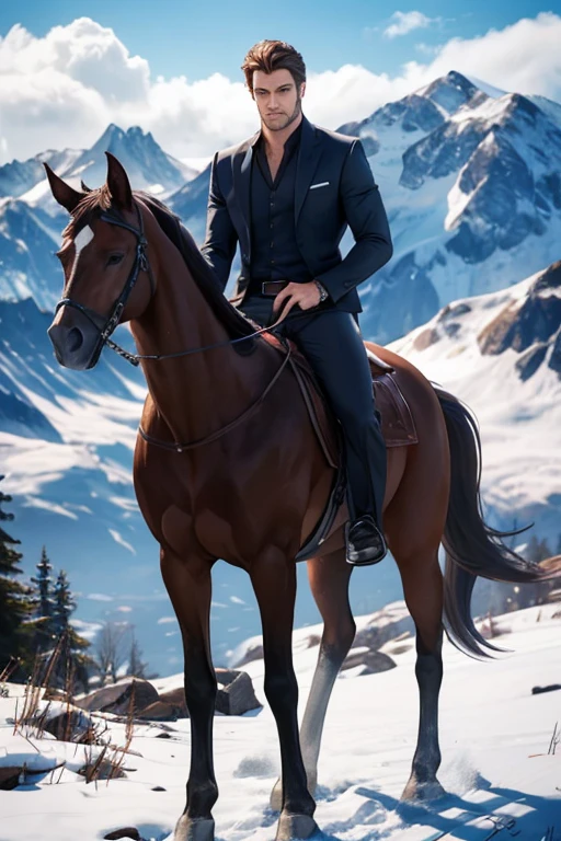 full Body photorealistic handsome Hunky Centaur, half human half horse.mountain view as background