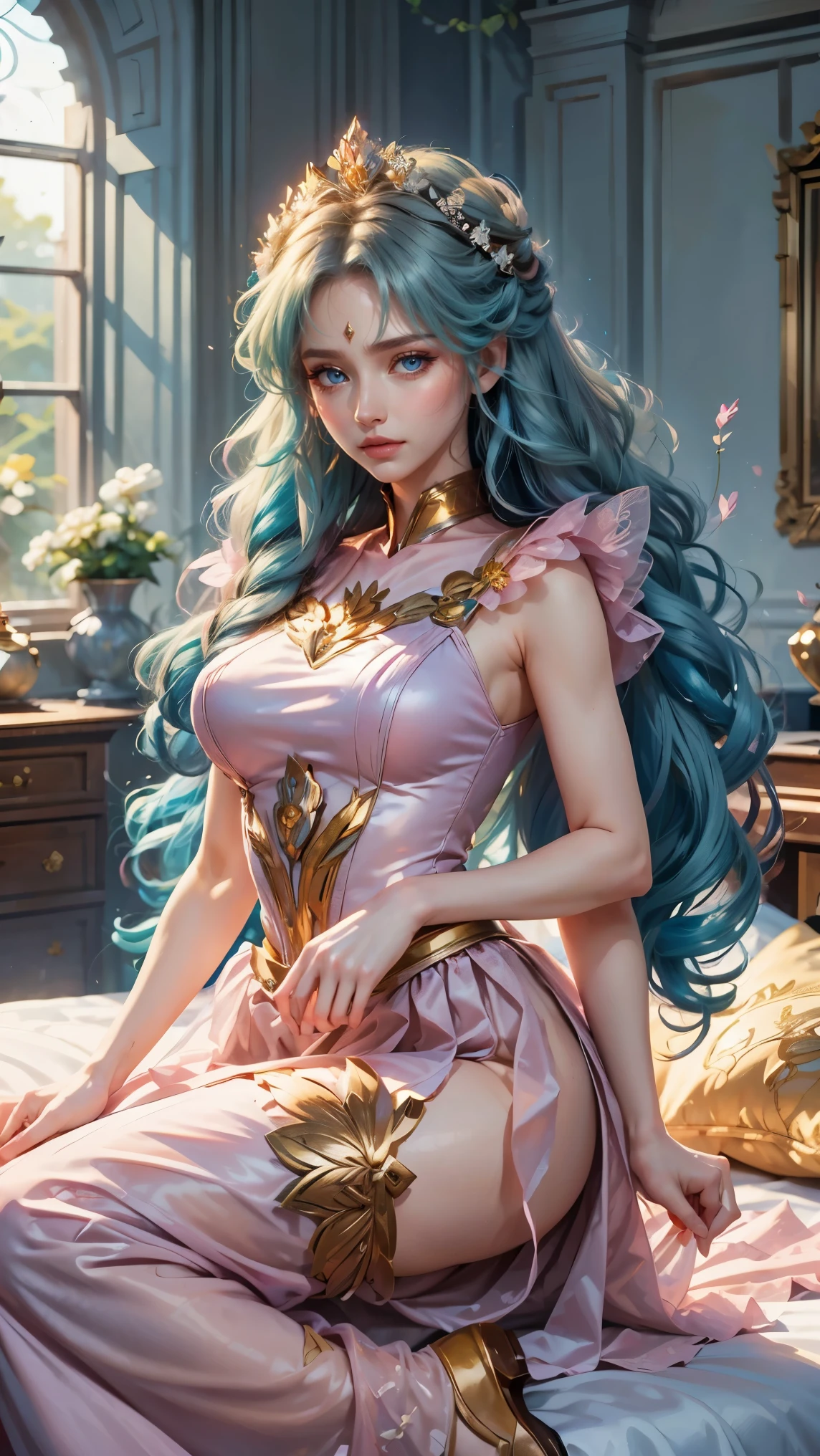Best quality, masterpiece, ultra high res, raw photo, beautiful and aesthetic, deep shadow, fairy theme,(ultra detailed:1.3),
1girl, dynamic pose, flower headdress, drill hair, long hair, blonde hair, gradient hair, yellow eyes, solo, huge breasts, big hair, blue hair, divine goddess, looking at viewer, indoors, queen bedroom, empress bed, room full of curtain, astraea, full body, pink uniform, sailor senshi uniform,