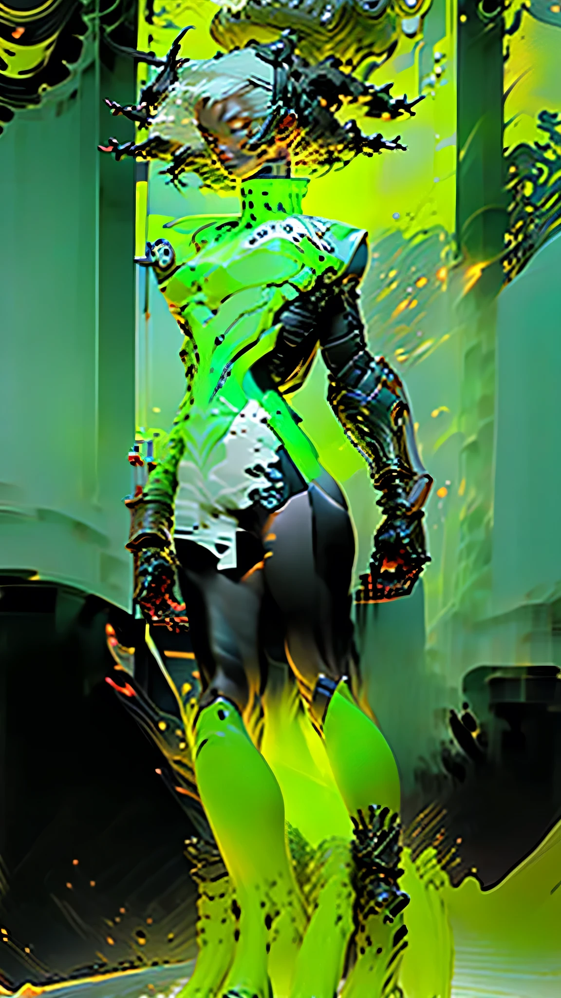 full body shot of 1 girl, slim female, solo, white colored short hair, wearing black and blue armor, holding green weapon, holding green sword, black background, HD, masterpiece, best quality, hyper detailed, ultra detailed, glowing particle, | Seed: 1644862469