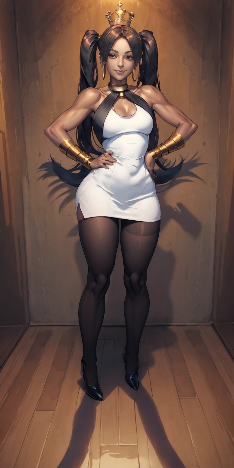 full body standing straight symmetrical, huge cowboy shot, solo 1MILF, lustful smirking smile face, looking at viewer, hands on hips, twin tails, twin drills, dress, striped pantyhose, metal handcuffs on their hands with a black metal slave collar around her neck, cowbell attached to the choker, sleeveless, black stockings, golden tiara