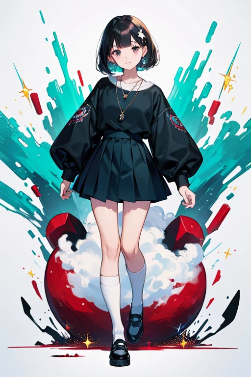 Minami's hair is dark teal, her eyes are dark brown,
She wears a white shirt, a black skirt, red socks and blue and white shoes. She is often seen with a black necklace decorated with turquoise pearls at the end, with Garnet's Jewel Charm in the middle. SPARKLE; GLITTER