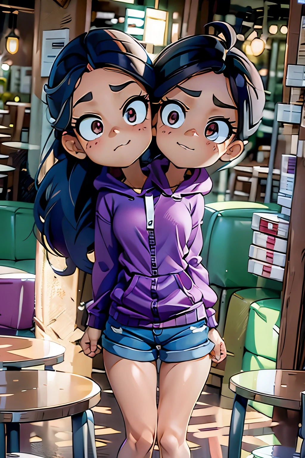 conjoined, 2heads, girl with two heads instead of one, 2head, cuerpo curvilineo, brazos curvilineos, usando shorts, ropa abrigada, piernas curvilineas, anime cartoon, using a purple hoodie, each head has a ponytail, anatomia proporcionada ideal para una persona de dos cabezas
