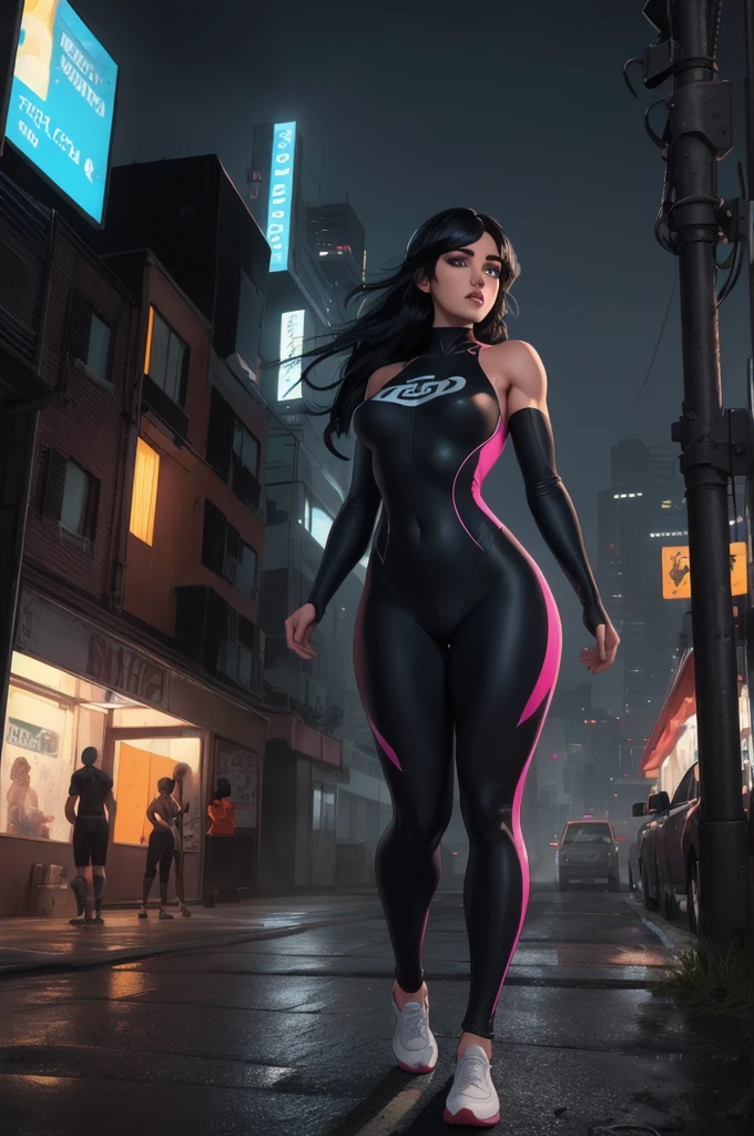 ((melhor qualidade)), ((obra de arte)), (detalhado: 1.4), (absurdo), Alison Tyler (((corpo inteiro))) in comic book panel, full body, bold lineart illustration comic, seductive blue eyes, parted lips, perfect body, curvy, long black hair, fitness, nsfw, in the style of Adam Hughes, sexy white swinsuit Ciberpunk with pink lace, color explosion, (olhos azuis super claros), ((roupas branca e laranja)), (((cabelo preto comprido)))), long black eyelashes heavy makeup, cinta-liga feita com arame farpado, por muito, niji--V5, perto do real, pose dinamica, fundo fractal, 2 piece outfit, pastel, Centrado, scale to fit dimensions, HDR (high-range dynamics),Rastreamento de raio,NVIDIA RTX,Super-resolution,Irreal 5, underground dispersal, Textura PBR, Post-processing, Anisotropic filtering, profundidade de campo, maximum clarity and sharpness, Texturas multicamadas, Albedo e mapas especulares, Surface shading, Super Detalhe, Blade Runner, In the top of buildings, big city night background