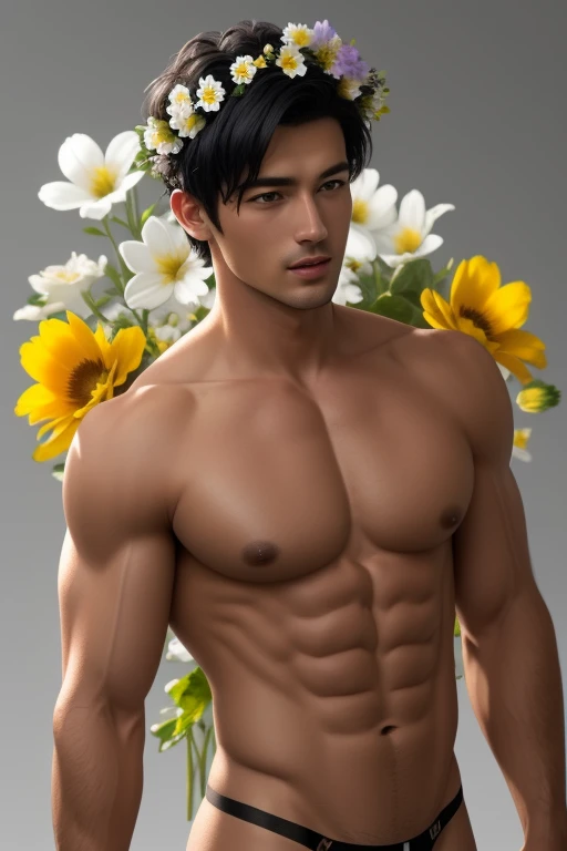 best quality,masterpiece,Ultra high detail,A handsome muscular man,Short black hair,topless,(Flowers on the shoulder),(With flowers in his black micro thong),realistic,Grey background, flowers on his head,Yellow, violet and white flowers,