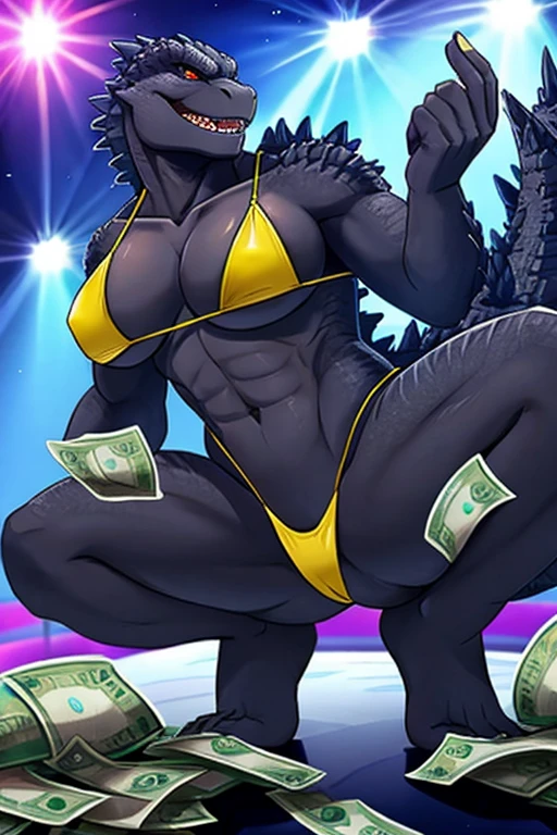 Godzilla stripper bikini dancing money