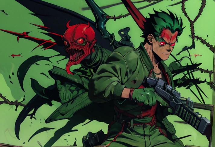 1Boy, vines Green Medium Sidecut hair, Red Eye, Green Tracksuit, vines wings, Angry and Mad, Holding Gun, Dorohedoro Style 