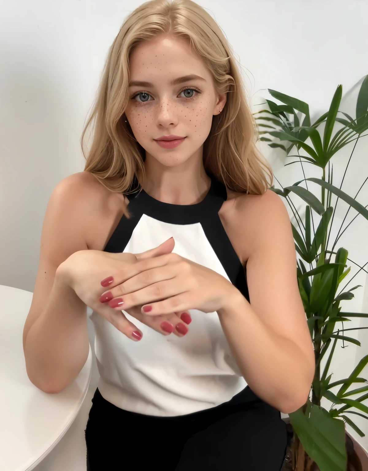 mulher, americana, 25 anos, pale skin and freckles, olhos cinzas, nariz delicado, soft and delicate lips, longo, cabelo blondie longo e ondulado na altura da cintura, sorriso meigo, face with delicate feminine facial features, altamente renderizado