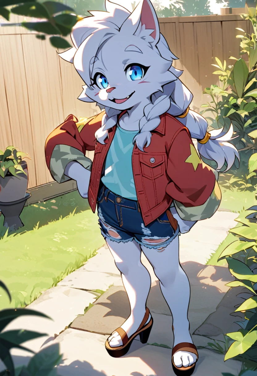 Furry, with red, braided hair, wavy blue eyes with a red denim jacket, blue  with stars on the sleeves, ripped denim shorts with sandals, yellow Anabela, high heels, open in the backyard, looking at the smiling spectator, posing