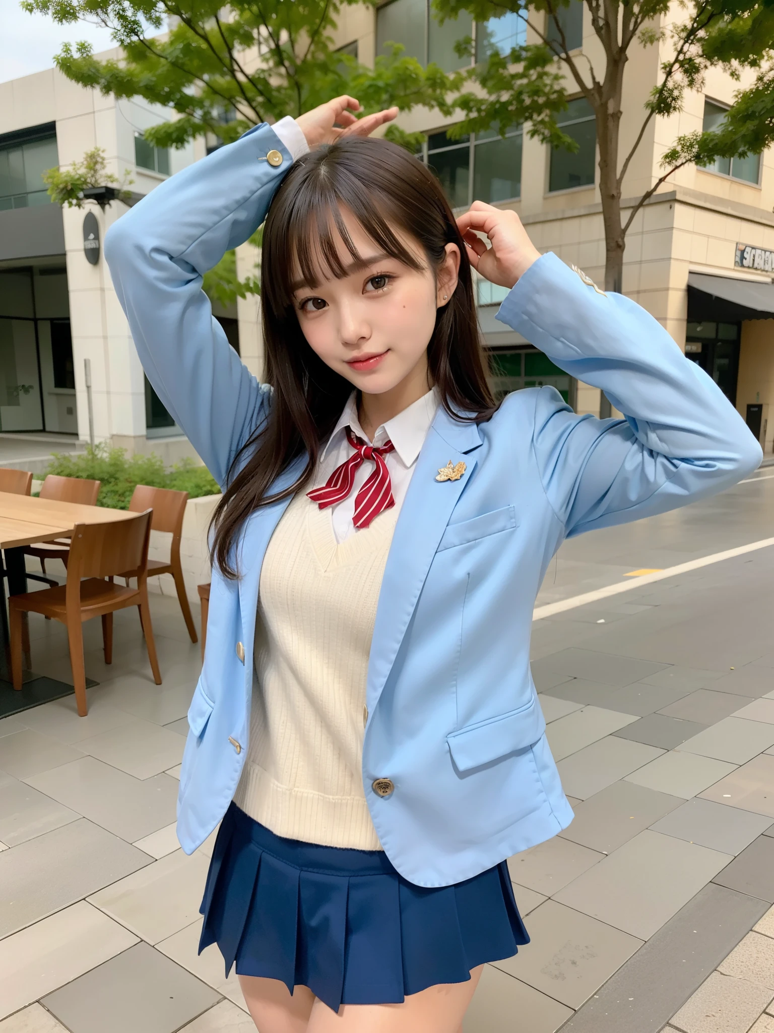 ((Best of the highest quality, 8k, Masterpiece, raw photo: 1.3)), Sharp focus: 1.2, (1 AESPA, slim body type female, 21 y/o: 1.1), (Solo: 1.2), (realistic, photo-realistic:1.37), face focus, cute face, finely eyes, side lighting, using reflectors, (small breasts, flat chest, Thigh: 1.3), (short messy hair, bangs: 1.28), (wearing blazer school uniform, panties: 1.32), (ribbon: 1.2), walking terrace dining, sun light, flower, (arms up: 1.1)